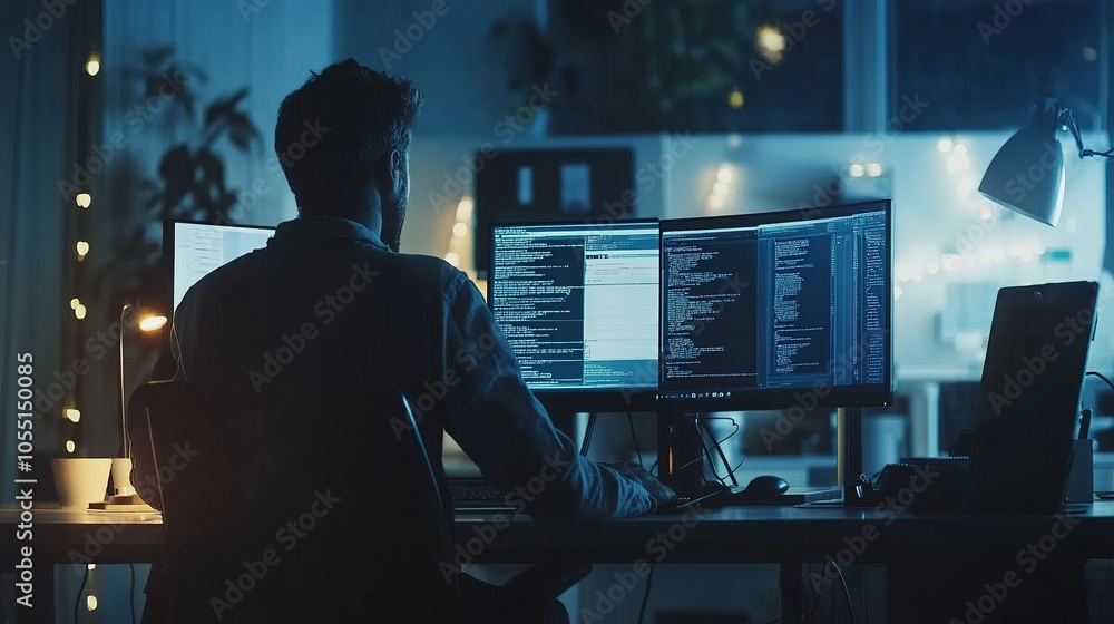 Poster focused computer programmer at night in office