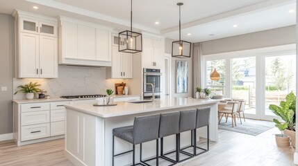 Fototapeta premium Modern kitchen with white cabinets, a large island, and a dining area with patio doors.