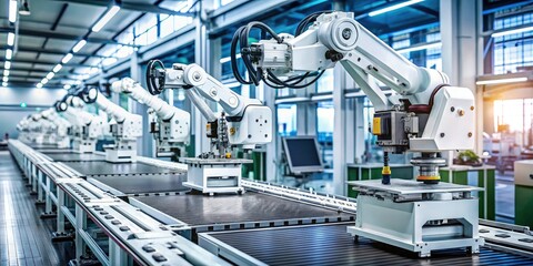 Fototapeta premium Close-Up of Modern Computer Boards and Precision Machinery in Assembly Line with White Robotic Arms - Manufacturing Technology Concept