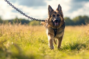 A dog pulling against a heavy chain leash, symbolizing resistance, strength, and loyalty, with the dog's fur blowing in the wind and a grassy field stretching into the distance