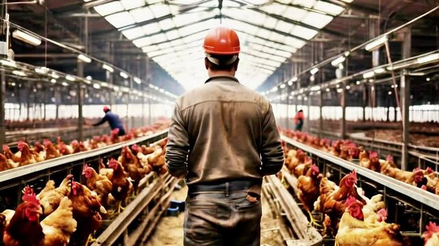 a worker standing in the building of a large chicken farm