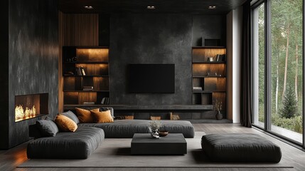 Modern living room with a fireplace, large windows, a TV, and a sectional sofa.