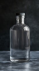 A clear vodka bottle filled with crystal clear liquid stands prominently against a dark background