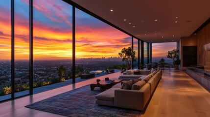 Fototapeta premium Modern living room with floor-to-ceiling windows overlooking a cityscape and sunset.