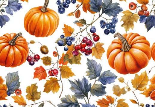 Seamless autumn pattern with pumpkins and colorful leaves