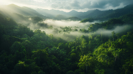 Obraz premium A lush green forest with a foggy mist covering the trees