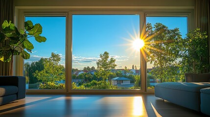 Modern living room with large windows overlooking a green landscape with a bright sun shining through the trees.