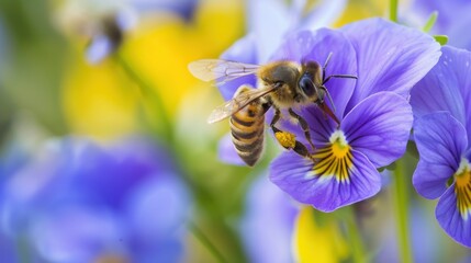 Bee Collecting Pollen on a Purple Pansy