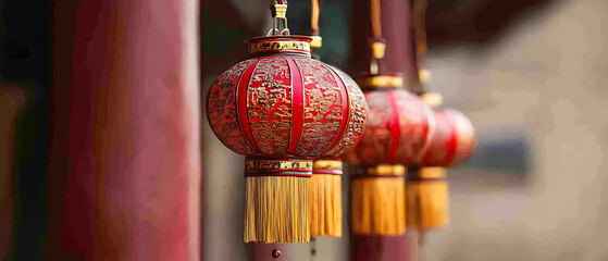 Vibrant display of traditional red lanterns a cultural celebration of light and heritage in a beautiful row