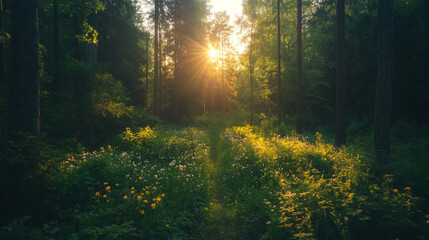 Obraz premium A sunlit forest with a path through the grass