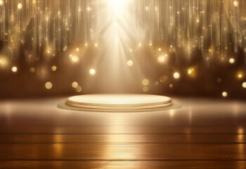 A circular stage with a golden glow, illuminated by spotlights and surrounded by shimmering curtains, creating a magical and celebratory atmosphere.