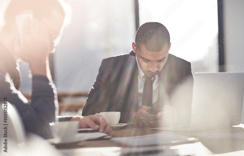 Poster business, men and typing with phone in office for proposal schedule, communication and review feedba