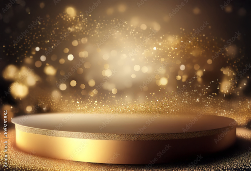 Poster a circular podium with a golden rim sits on a textured surface, illuminated by soft, warm light and 