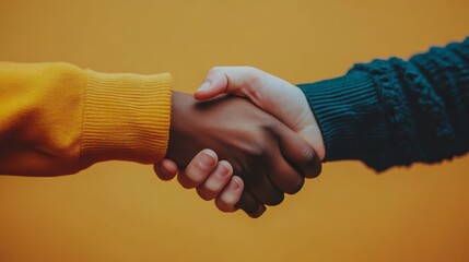 Handshake of Unity: Two people, one with a dark complexion and one with a lighter complexion, clasp hands against a warm mustard yellow background.  A symbol of partnership, collaboration.