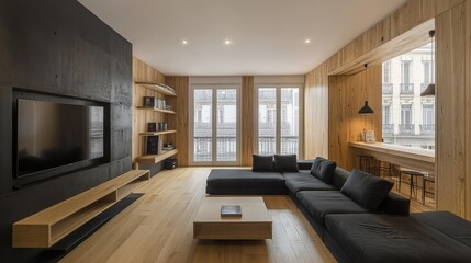 Fototapeta premium Modern living room with large windows, wooden floors, black sofa, and black wall with flat screen TV.