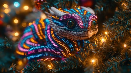 A colorful, illuminated creature nestled in a holiday tree, radiating festive vibes and enchanting charm.