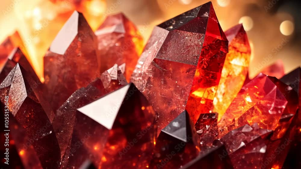 Poster a close-up of red crystals with a soft glow, highlighting the intricate facets and textures
