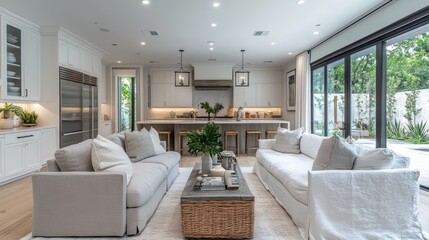 Fototapeta premium Modern living room with white couches, a coffee table, a kitchen in the background, and large glass doors leading to a backyard.