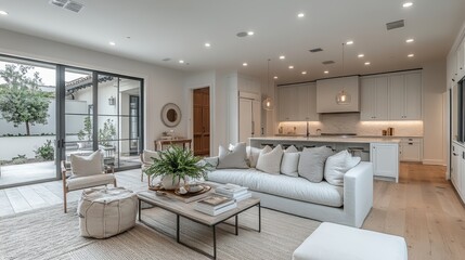 Modern living room with white furniture, a large window leading to a patio, and a kitchen in the background.