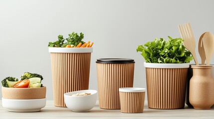 Minimalist eco-friendly food packaging made from biodegradable paper, showing various design options for food containers and cups, with a focus on sustainability