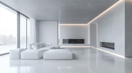 Modern living room with white furniture, large windows, and minimalist design.
