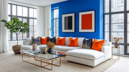 Modern living room with white sectional sofa, blue wall, and large windows.