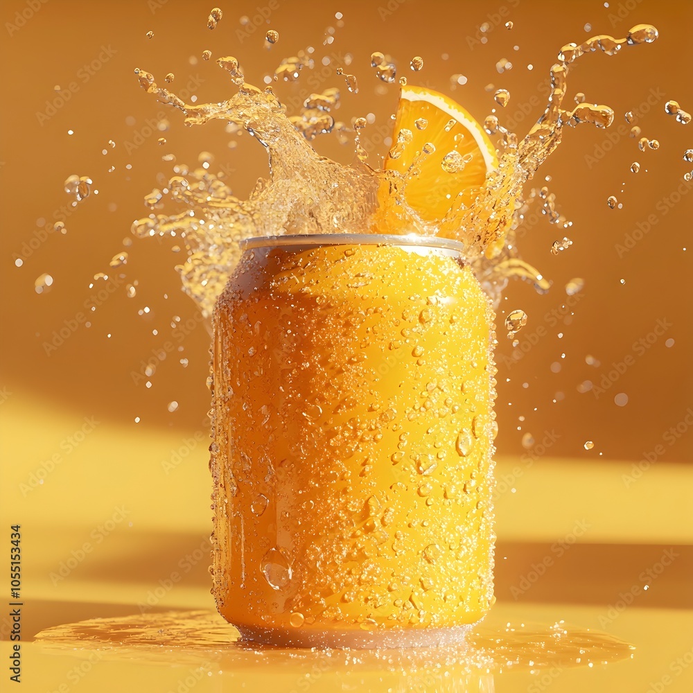 Poster visually striking 3d rendering of an orange soda can showcasing a vibrant label glistening condensat
