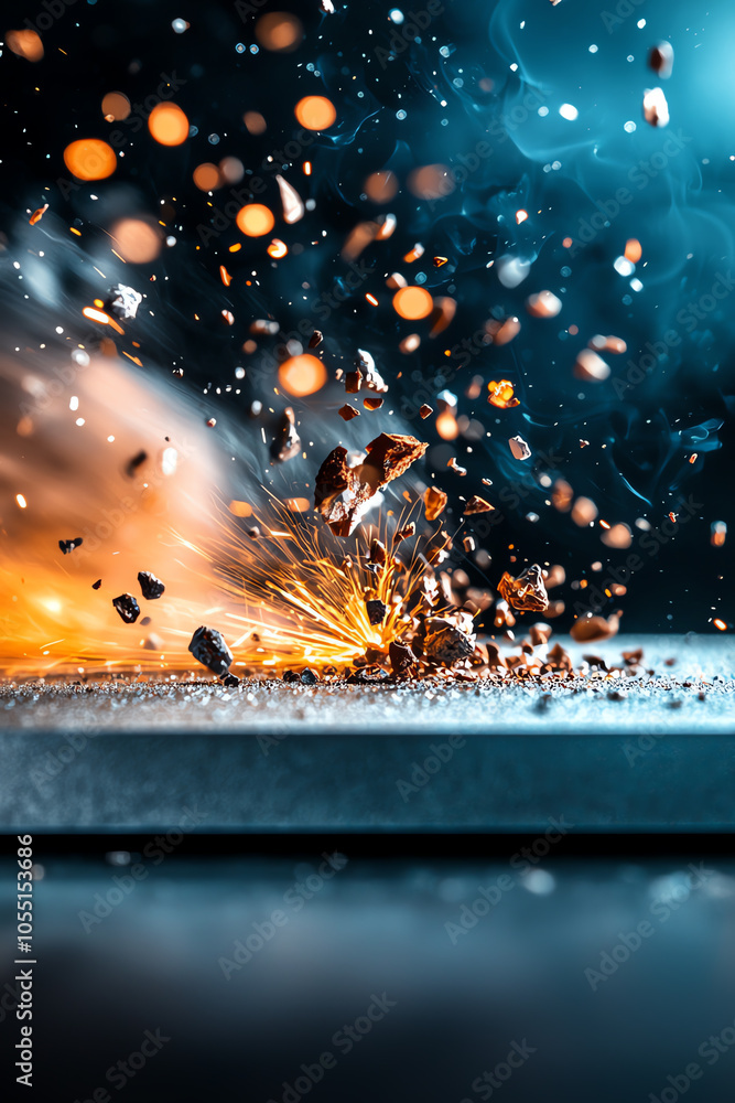 Poster captivating high-speed close-up of firecracker sparks against a dark background highlighting intense