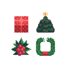 Happy New Year attributes pixel art icons set. Merry Christmas greeting card design. Gift box and Christmas trees. Isolated vector illustration. Xmas wreath.