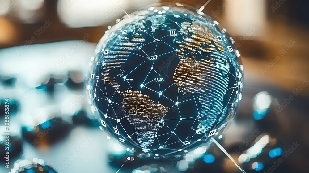Poster a digital globe showcasing connectivity and global communication through a network of lines and node