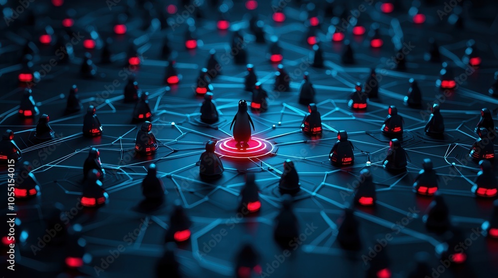 Poster a digital network featuring nodes with glowing red accents, symbolizing connectivity and technology 