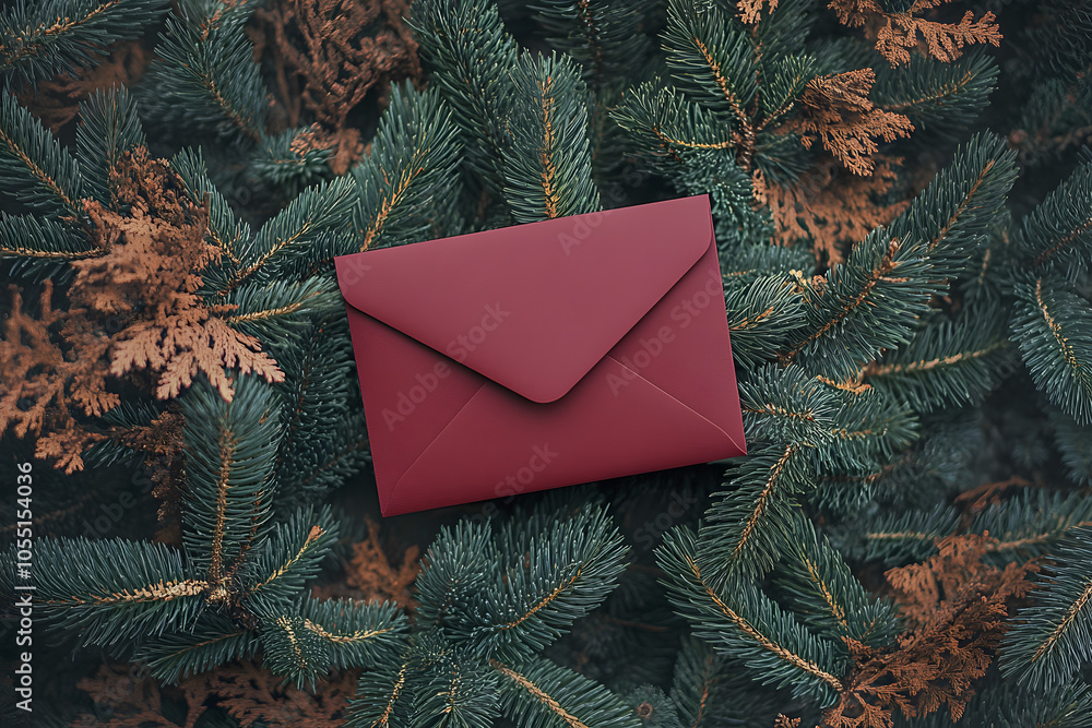 Poster a burgundy envelope on a background of different branches of coniferous trees. the concept of a wish