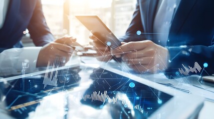 Two businesspeople review data on tablets.