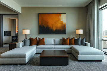 Interior of a living room with a large light sofa, panoramic window and built-in furniture. Generated by artificial intelligence