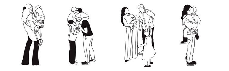 Hand-drawn doodle family icon set. Outline family clipart. Hand-drawn black art.