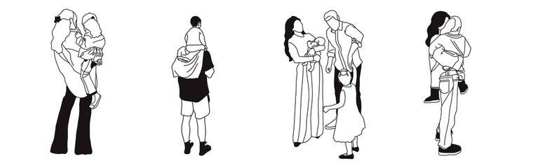 Hand-drawn doodle family icon set. Outline family clipart. Hand-drawn black art.