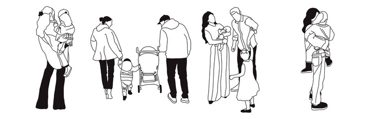 Hand-drawn doodle family icon set. Outline family clipart. Hand-drawn black art.