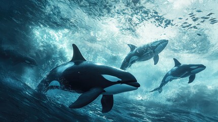 Obraz premium Killer Whales Leaping Through Waves