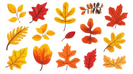 2410 48.A vibrant set of autumn leaves in various shapes and colors, including yellow, orange, and red oak, maple, and chestnut leaves. The flat vector design highlights the distinctive shapes of
