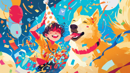 Naklejka premium A joyful child wearing party hat celebrates with happy dog amidst colorful confetti and balloons. scene radiates fun and excitement, capturing delightful moment of companionship