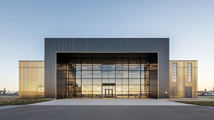 Modern Architectural Masterpiece: A sleek, contemporary building with expansive glass windows and a striking combination of dark and gold metal panels. The design exudes sophistication and innovation.