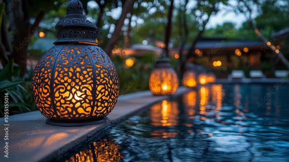 Poster ornate lanterns illuminate the edge of a swimming pool at dusk, creating a warm and inviting atmosph