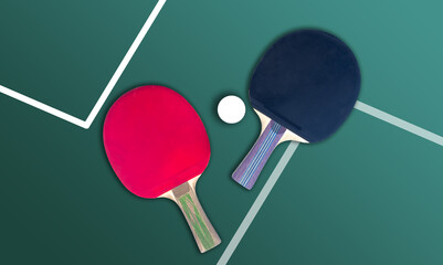 tennis rackets for playing ping pong on blue table, ping pong concept, active sports