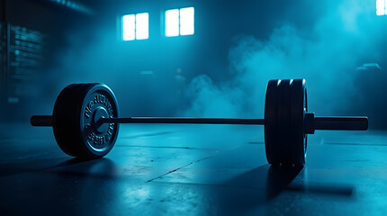 Barbell in the gym at night. Heavy weight lifting. Bodybuilding concept.