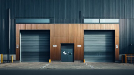 Obraz premium Modern Industrial Doors: A sleek and contemporary architectural detail, featuring two large, imposing garage doors, each with a smaller door nestled beside it.