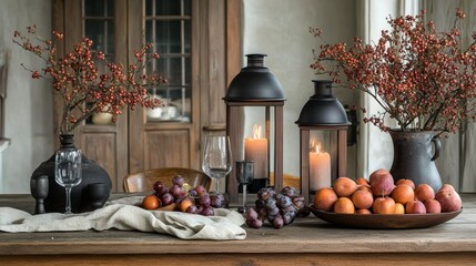 Rustic table setting with candles, fruit, and branches.