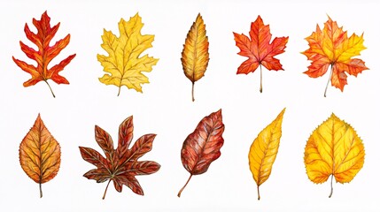 Fototapeta premium 2410 47.A collection of brightly colored autumn leaves, featuring oak, maple, and chestnut in shades of yellow, orange, and red. The leaves are illustrated in a simple, flat style, each with detailed