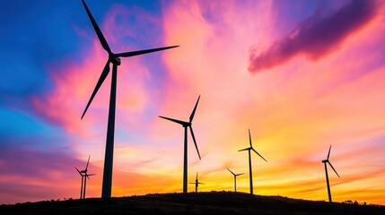 Obraz premium Wind Turbines Silhouetted Against a Colorful Sunset