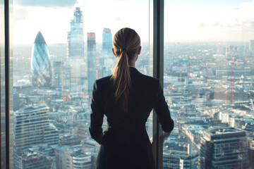 Naklejka na ściany i meble Businesswoman overlooking london skyline - urban elegance and professional ambition