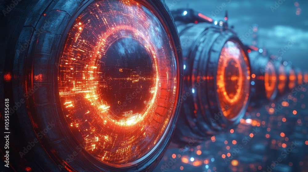 Poster futuristic technology with glowing circular structures in a digital landscape.